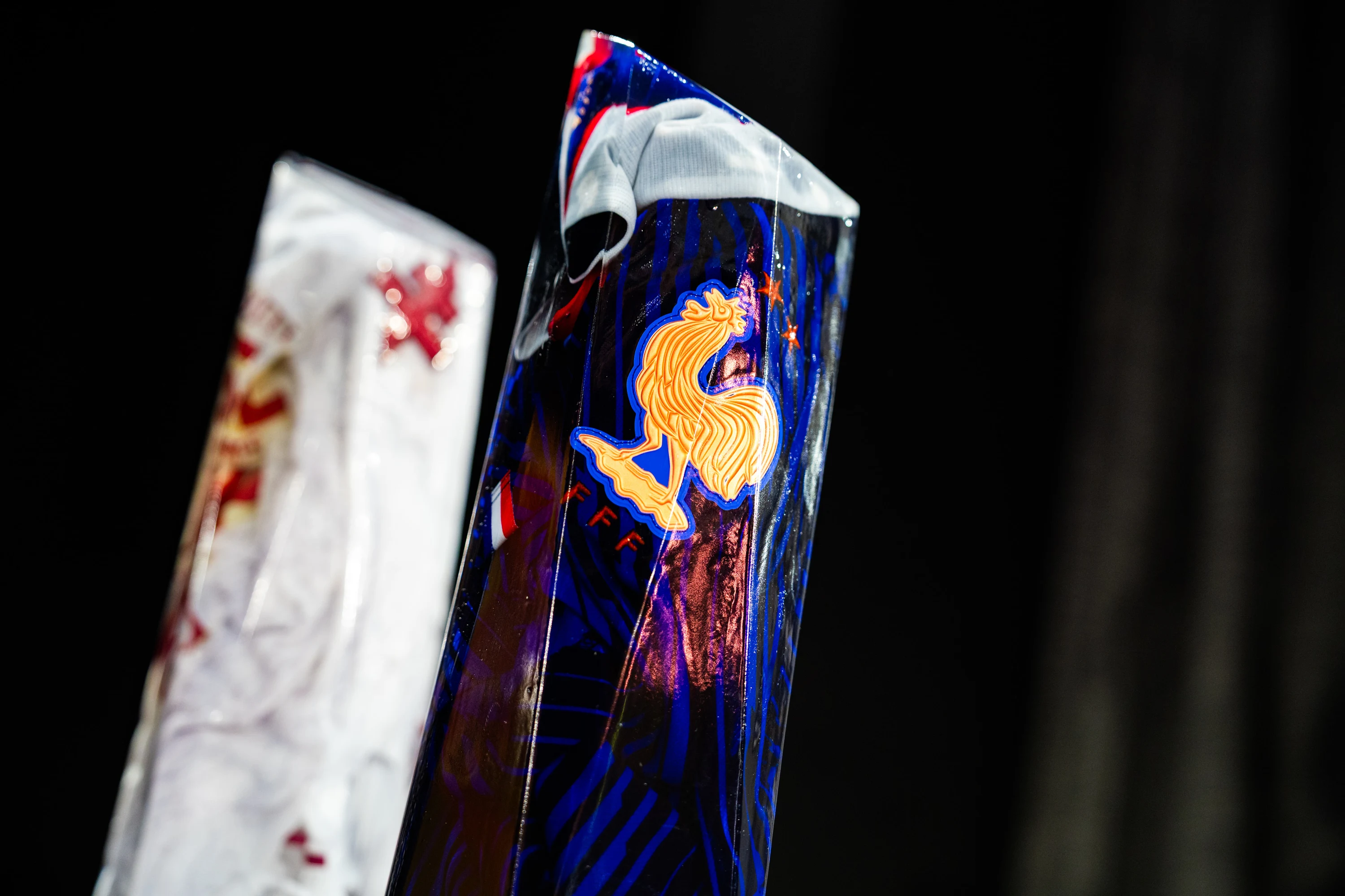 Un trophée bleu au coq doré, en gros plan avant la remise
